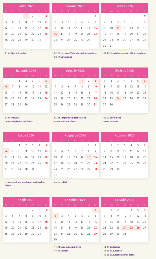 Nedarbo dienos 2026 kalendorius